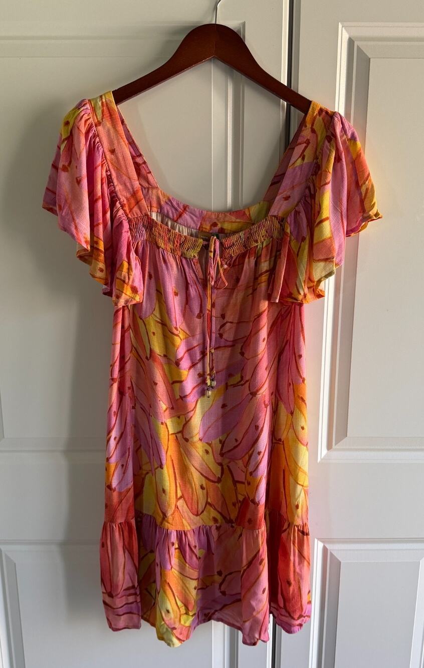 Farm Rio Dress Pink Banana Flutter Sleeve Boho Mini Dress Tropical Womens Medium